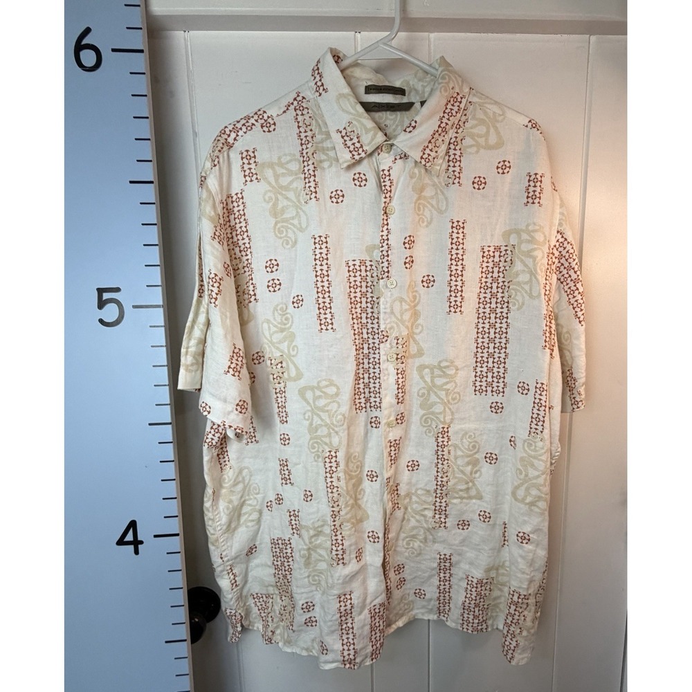 Axist Men Button Up Shirt XL Orange White Wave Wash Linen Geometric Short Sleeve